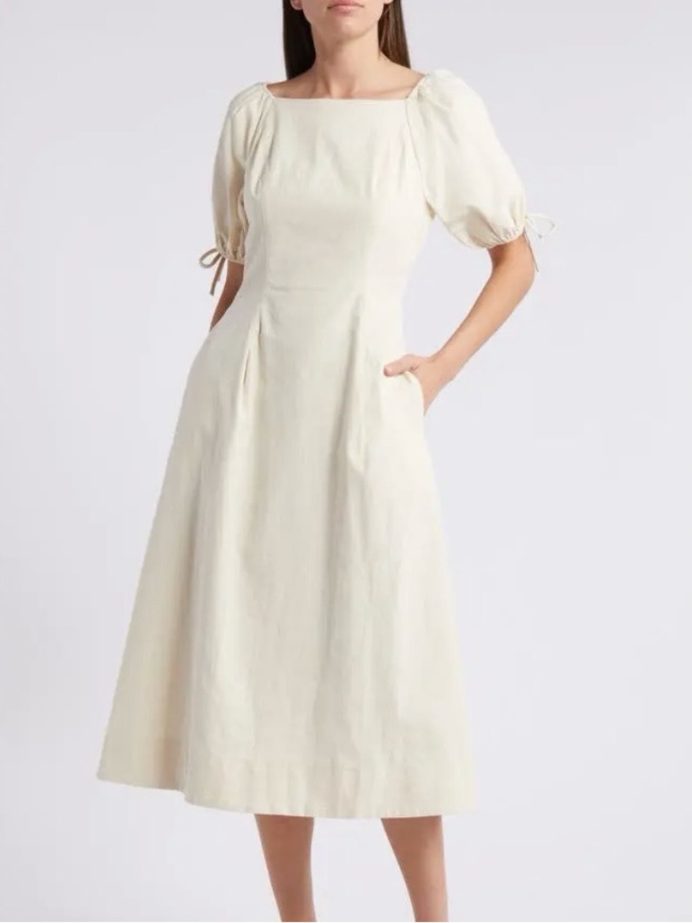 NEW Mila Mae Cream Cotton Linen Bubble Sleeve Midi Dress with Pockets Size M
